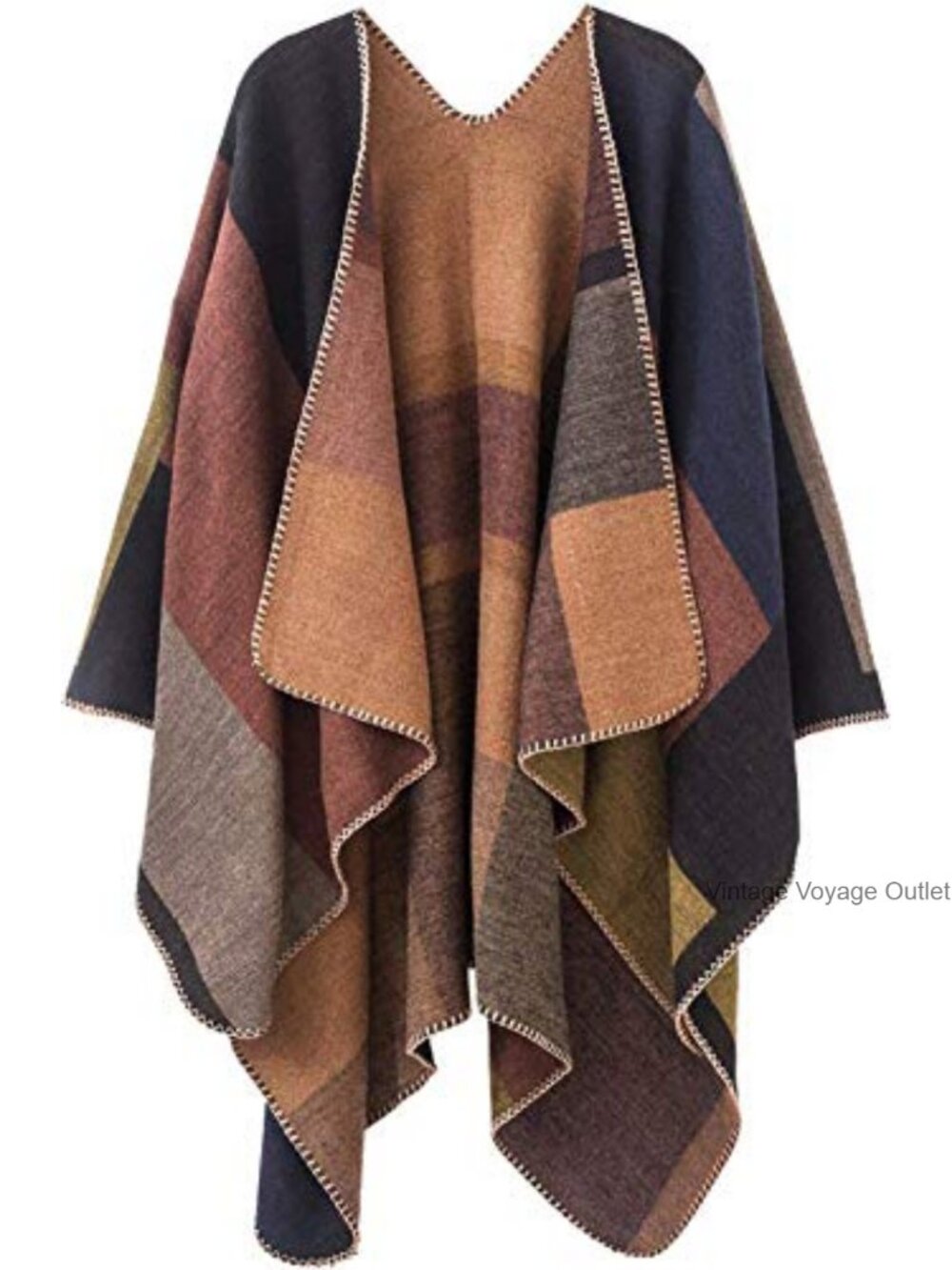 Reversible Plaid Poncho Wrap Cape Cardigan Shawl